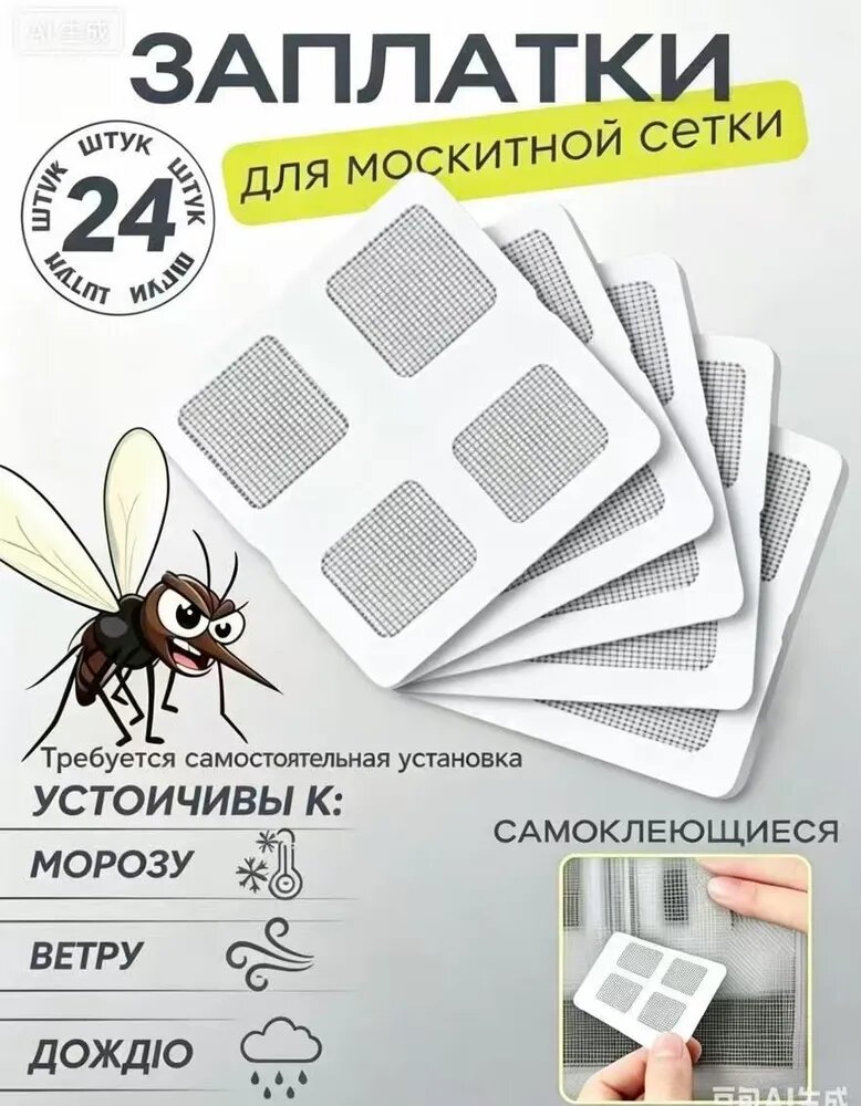 Заплатки для москитной сетки 24шт 10Х10 см; москитная скотч сетка, комплект заплаток.