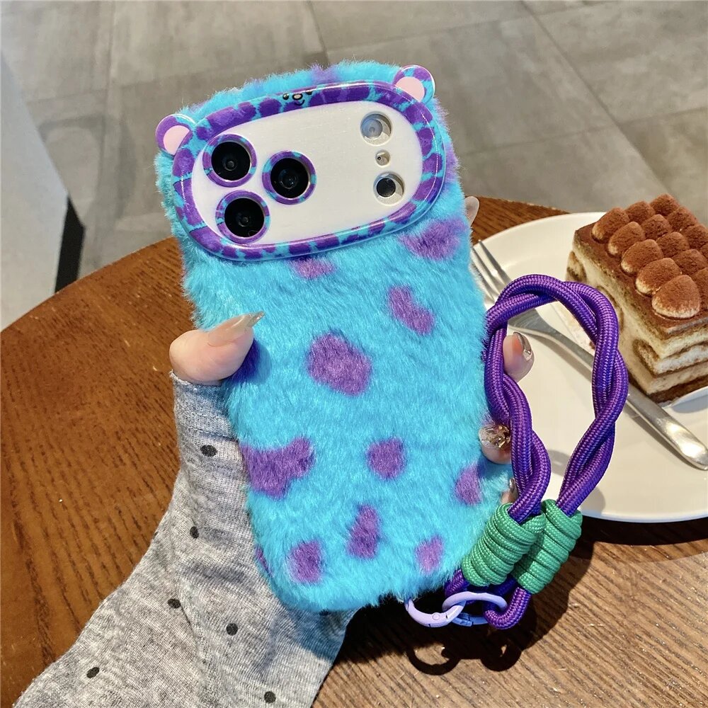 Креативный 3D-чехол с мини-ушками кошки, синий, плюшевый, теплый, with chain, For iPhone 17Pro