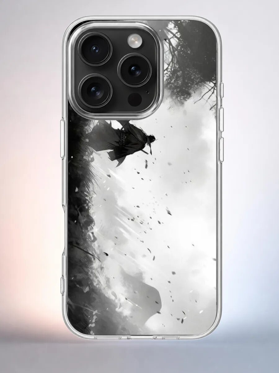 Чехол iPhone 15 Pro самурай и лепестки силиконовый