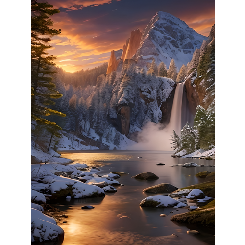 фото Алмазная мозаика на подрамнике 40x50 см. boomboomshop. "водопад в заснеженных горах" boomboom shop
