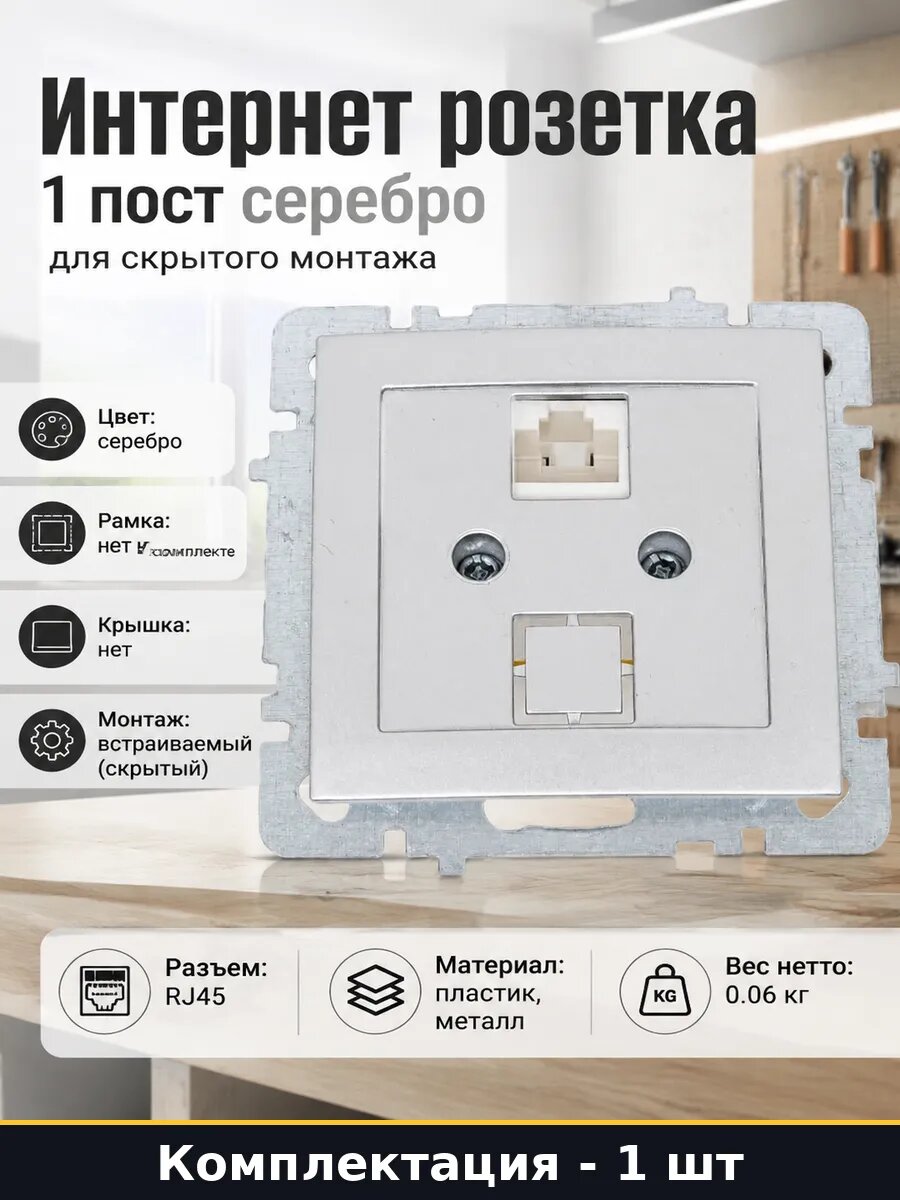 Интернет розетка 1 пост серебро для скрытого монтажа