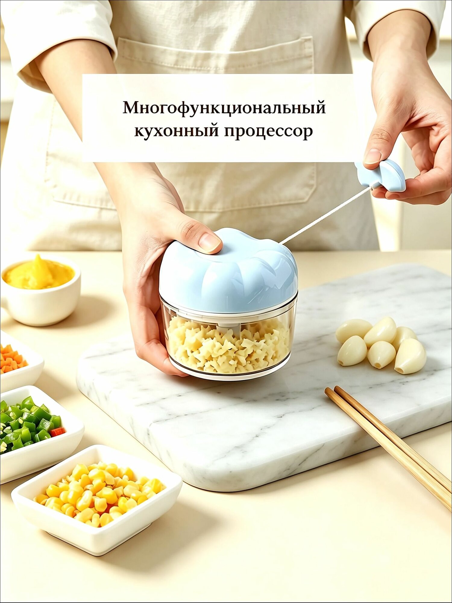 Измельчитель механический. Ручной кухонный чоппер для чеснока, лука, овощей. Мини