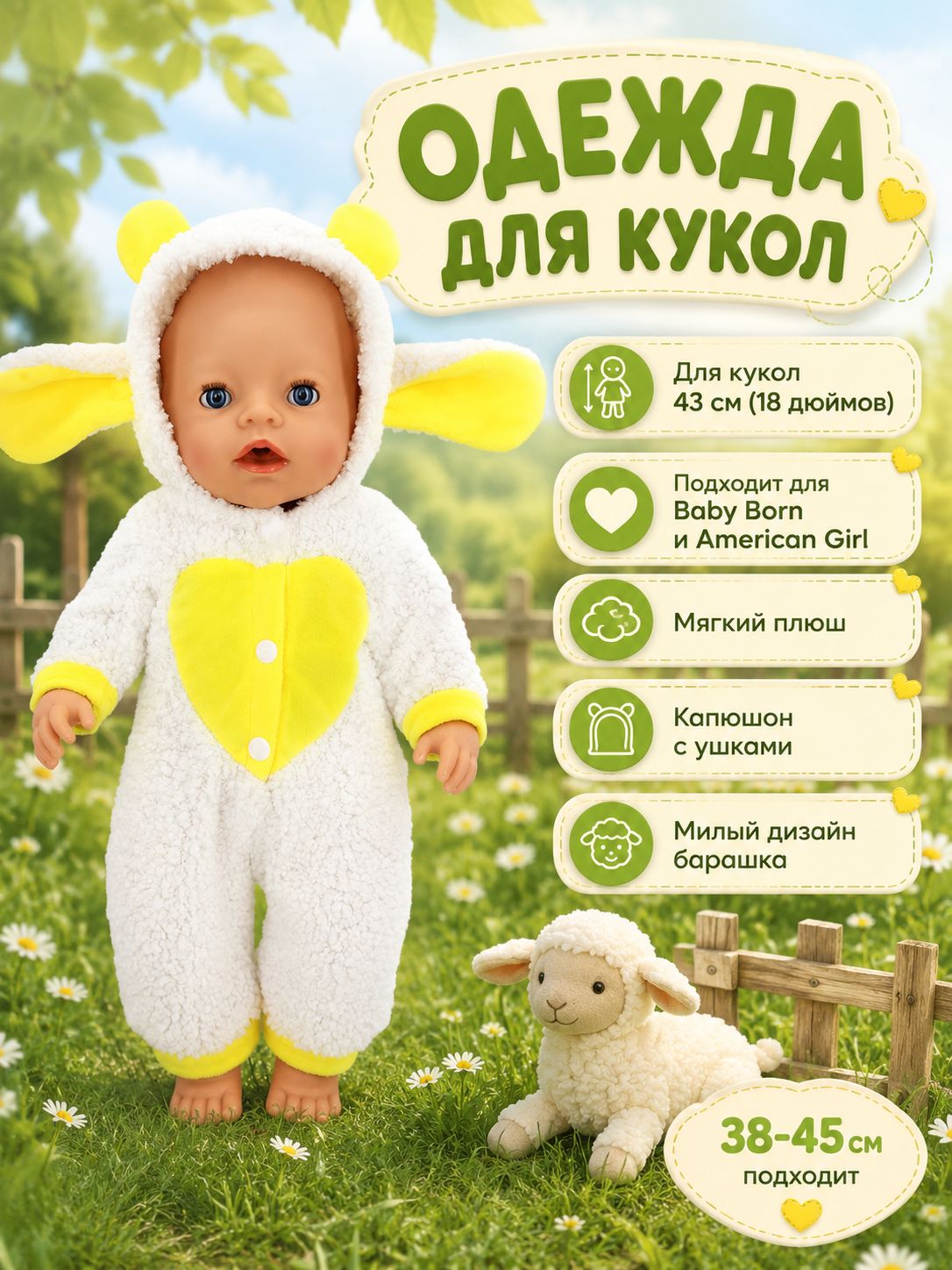 Одежда для кукол 43 см Беби Борн реборна мягкий комбинезон с капюшоном в виде овечки