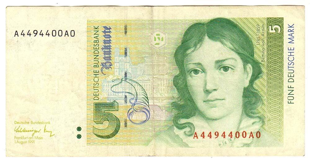 (1991) Банкнота Германия (ФРГ) 1991 год 5 марок "Беттина фон Арним" VF