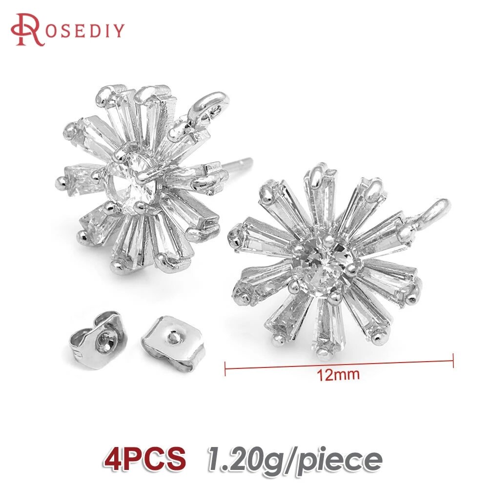 Серьги-гвоздики снежинки из латуни с цирконием, золотого цвета 49601-Platinum Color