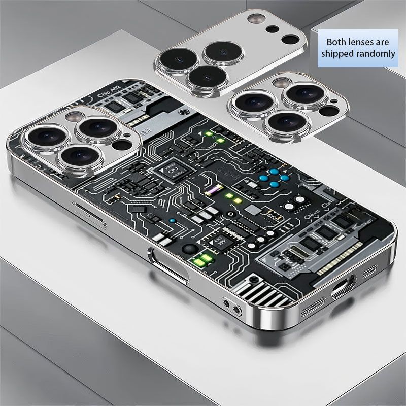 Чехол для iPhone 16 Pro с гальванизированным стеклом, черно-серебряная схема, цветная печать
