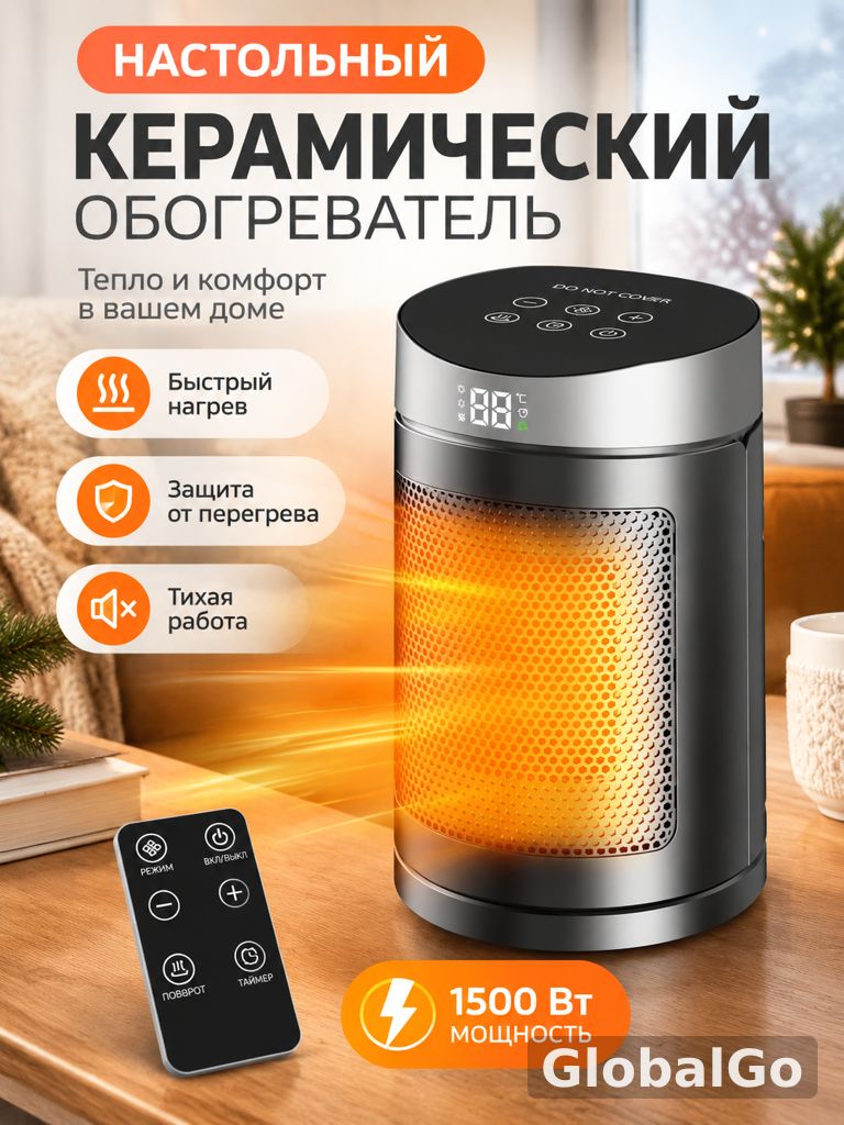Керамический обогреватель настольный, серебристый, 1500 2000 Вт, с сенсорным управлением и таймером