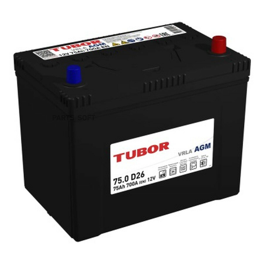 Аккумулятор TUBOR AGM 75 АЧ обратная 258X171X222 от официального дистрибьютора, TUBOR, артикул 4610082700130