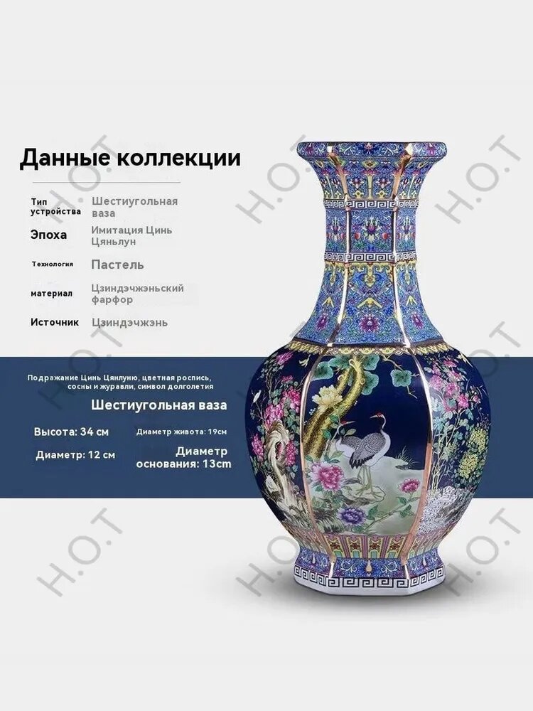 Ваза шестиугольная, имитация стиля Цинь Цяньлун, фаянс, темно-синяя с цветочным и журавлиным орнаментом