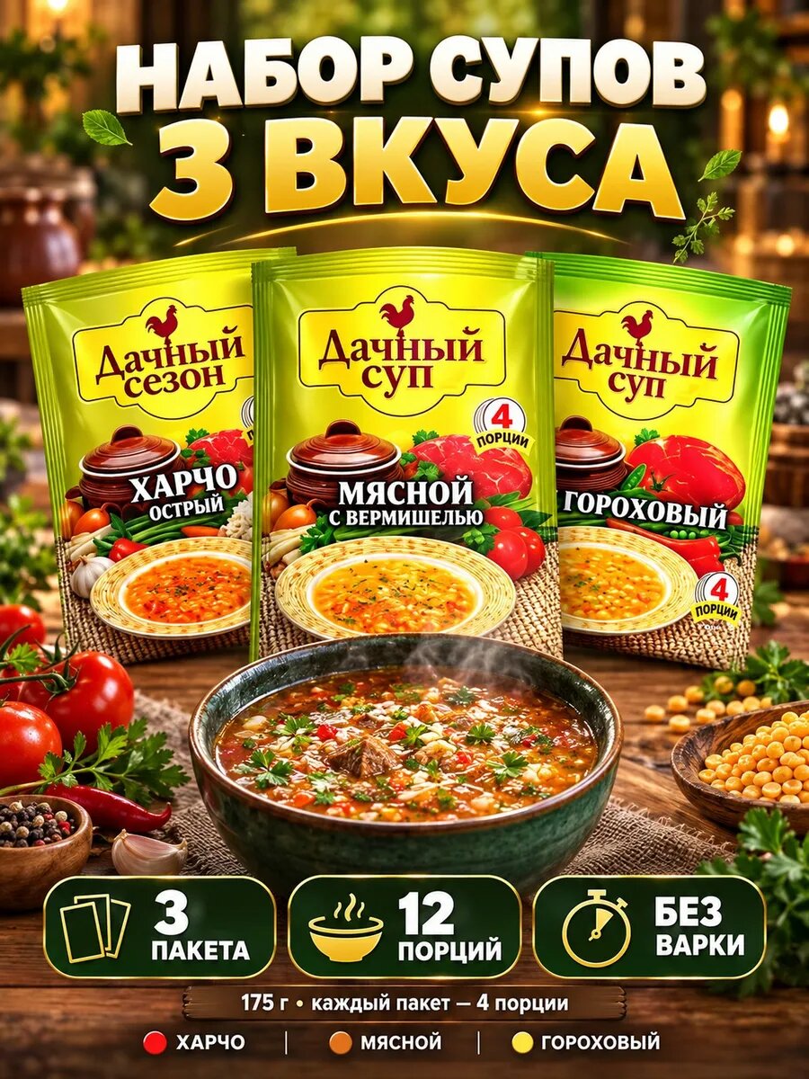 Набор супов 3 вкуса харчо мясной гороховый 175г — супы быстрого приготовления
