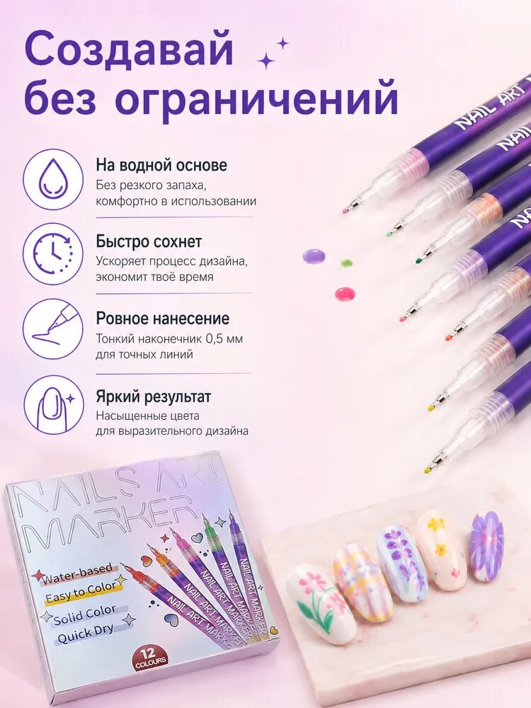 Набор из 12 акриловых маркеров для ногтей, наконечник 0,5 мм, инструмент для росписи и граффити на ногтях дома и в салоне