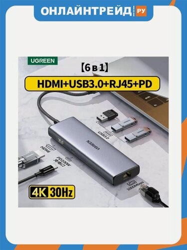 Изображение товара Хаб (разветвитель) Ugreen USB-C, серый (15598)