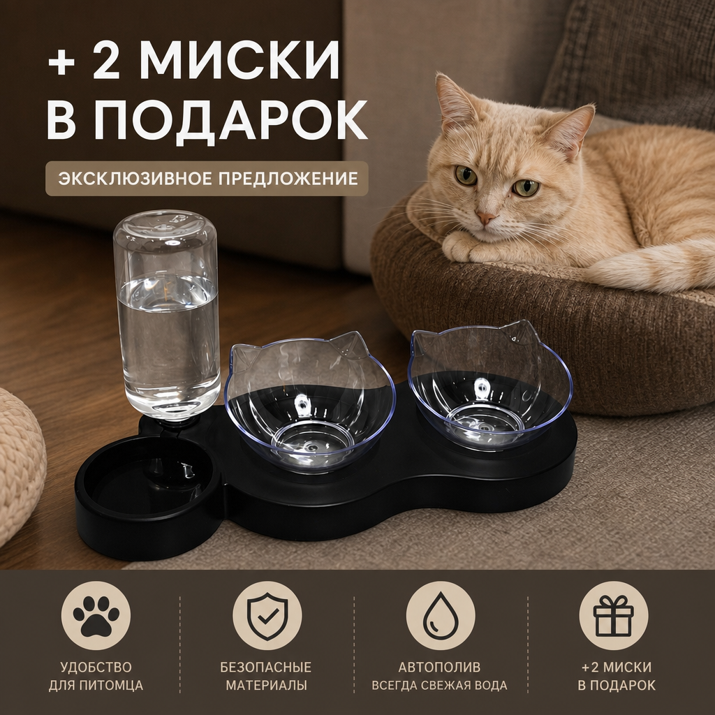 Автоматическая поилка-фонтан для кошек и собак, черный