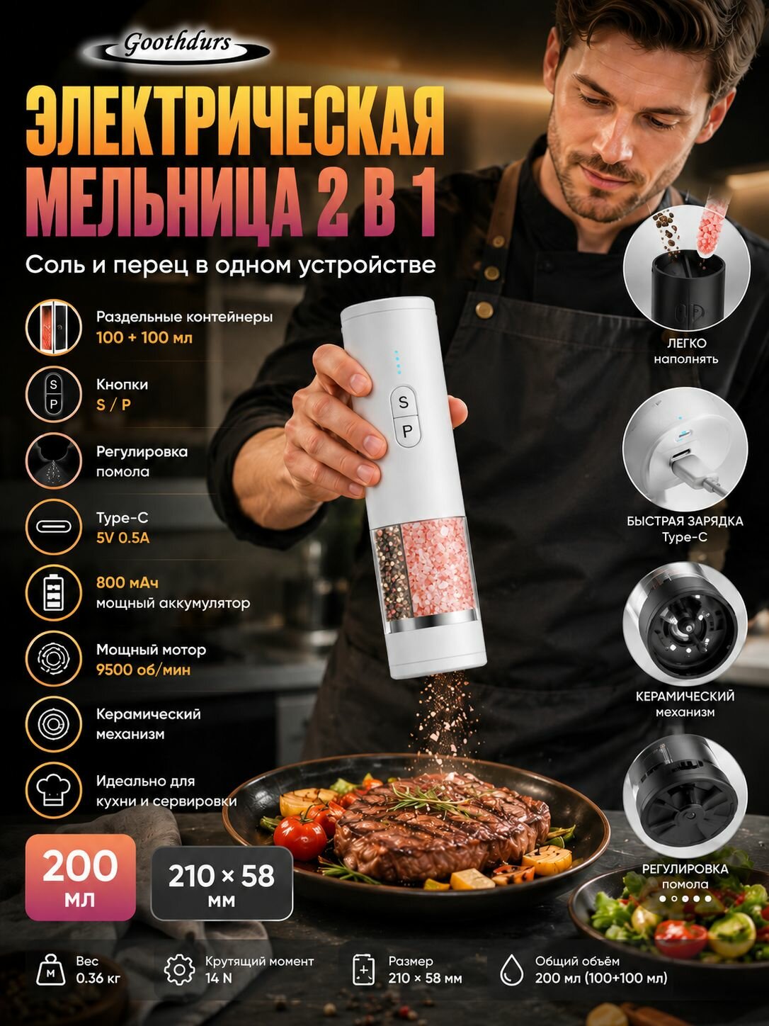 Электрическая мельница 2-в-1 для соли и перца 200 мл Регулировка помола LED подсветка Type-C Подарок для кухни