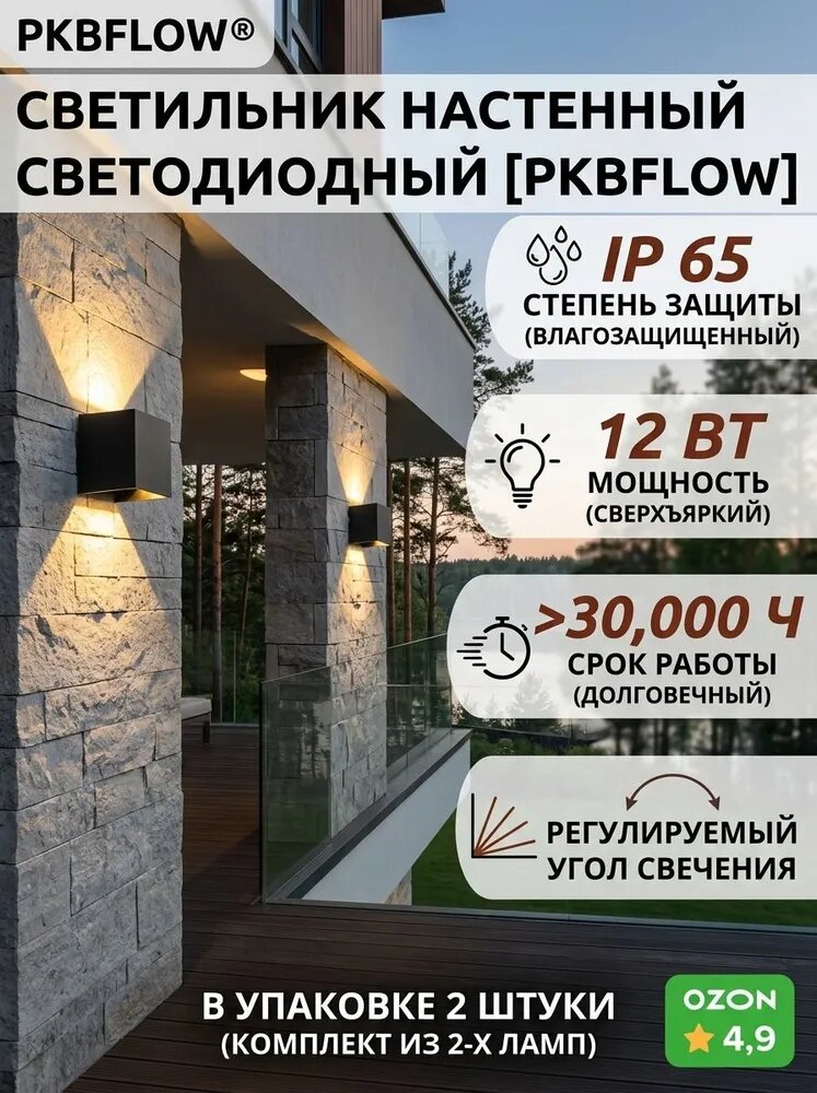 Настенный светильник со встроенным светодиодом LED 12 Вт, алюминиевый плафон, ширина 100 мм, механический выключатель