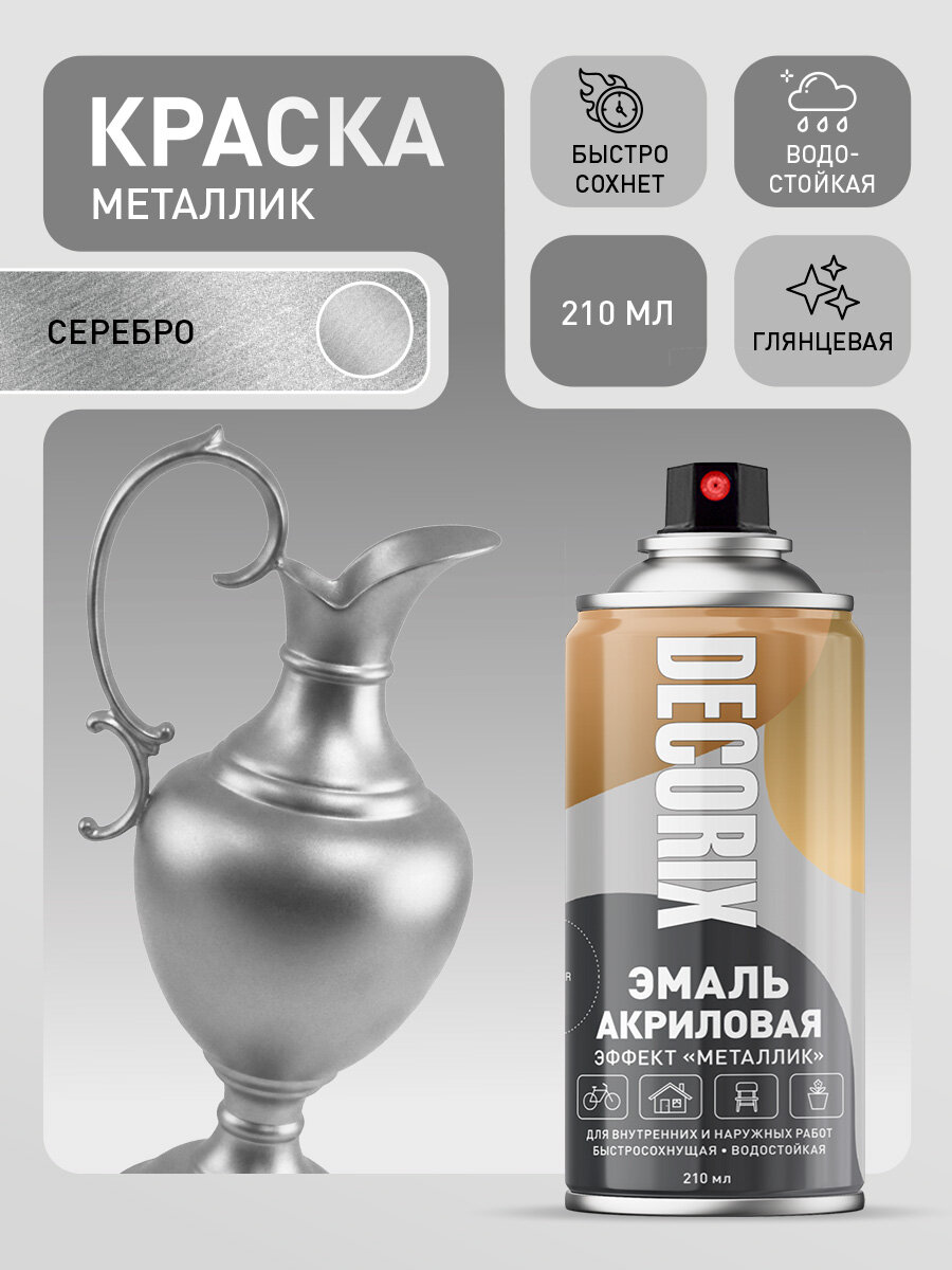 Краска металлик серебро в баллончике DECORIX - аэрозольная акриловая эмаль для любых поверхностей серебрянная 210 мл глянцевая