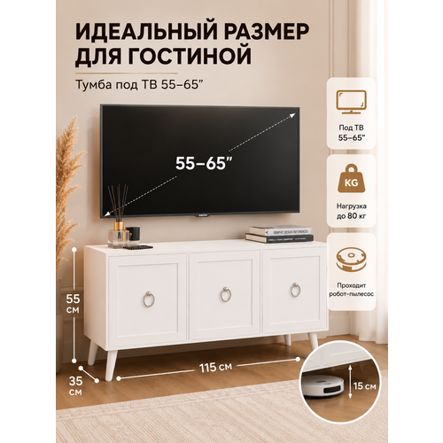 фото Тумба под телевизор мдф 115х35х55 см, напольная, с ножками, современная, белая перспектива