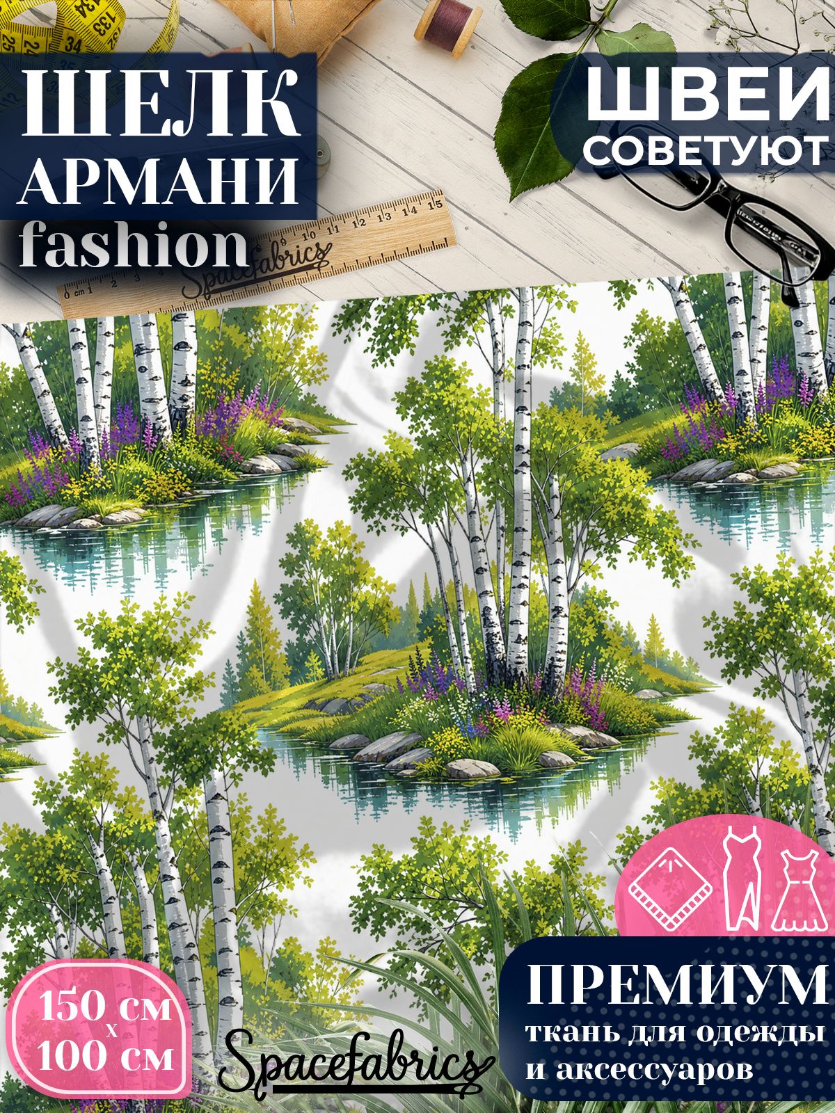 Ткань для шитья шелк Армани, искусственный атлас шелк для костюмов, платьев, юбок с принтом Берёзовая роща