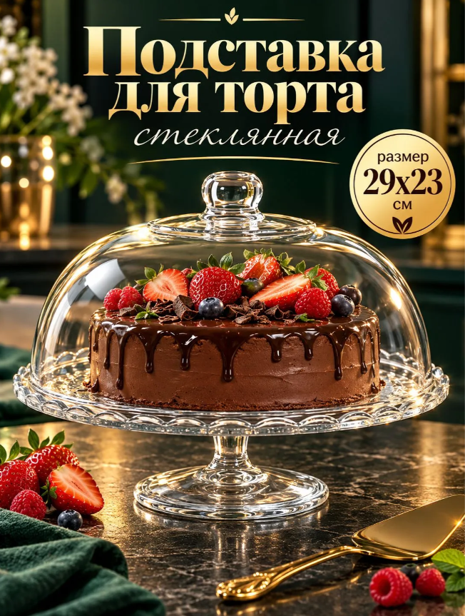 Подставка стеклянная для торта на ножке с крышкой-клош Magistro «Цветочки», 29×23 см
