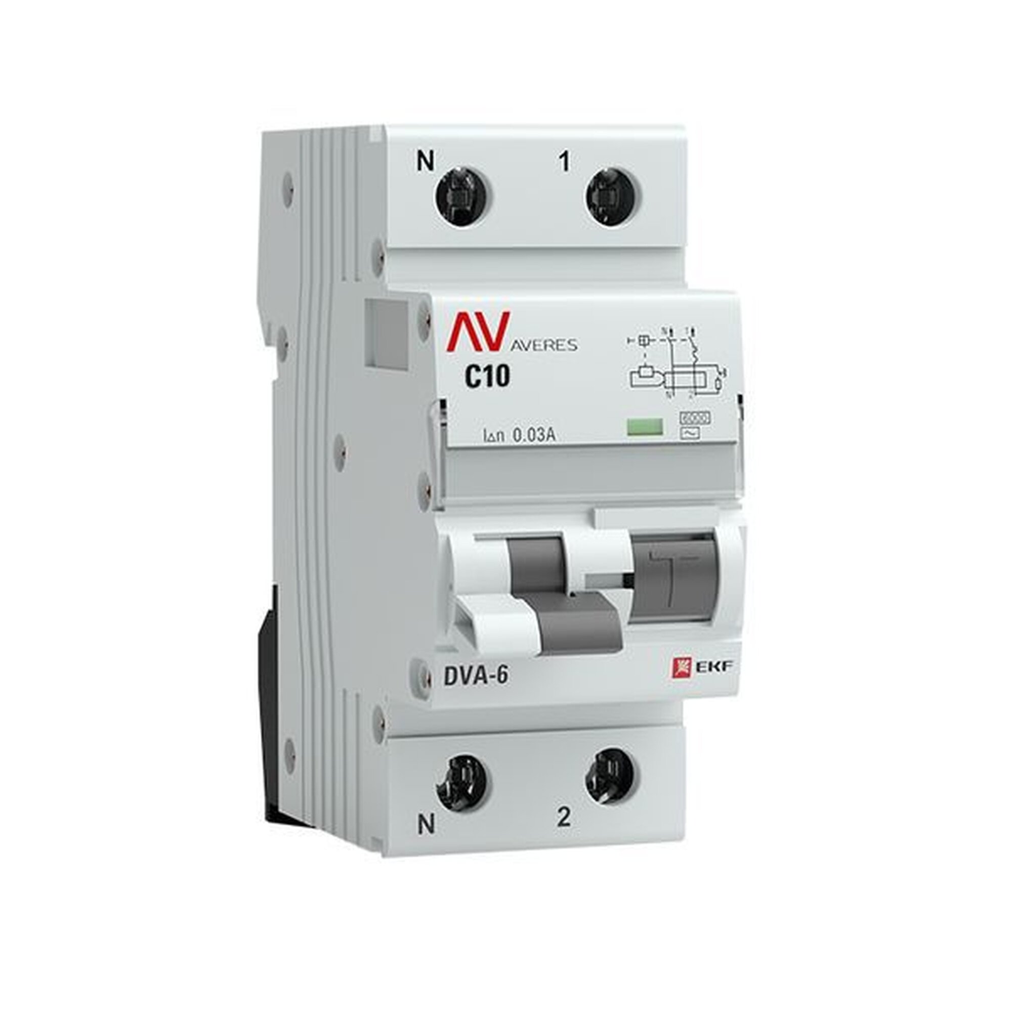 АВДТ 2п (1P+N) C 10А 30мА тип AC 6кА DVA-6 Averes EKF rcbo6-1pn-10C-30-ac-av