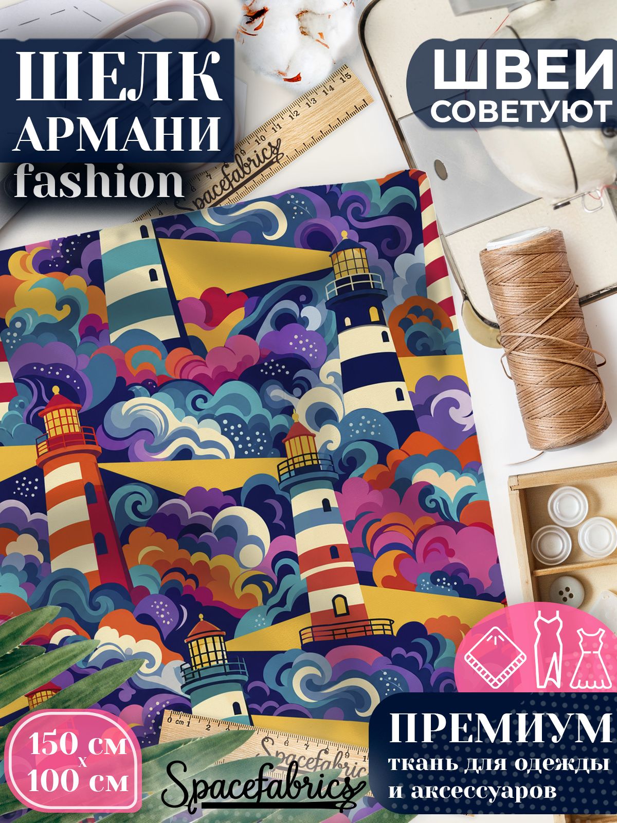 Ткань для шитья шелк Армани, искусственный шелк для костюмов, платьев, юбок с принтом Маяки