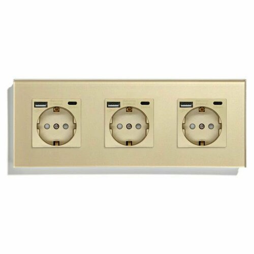 фото Розетка с usb type-c mvava, зарядка 10вт, встраиваемая, 3 поста, стекло, с заземлением, золотая