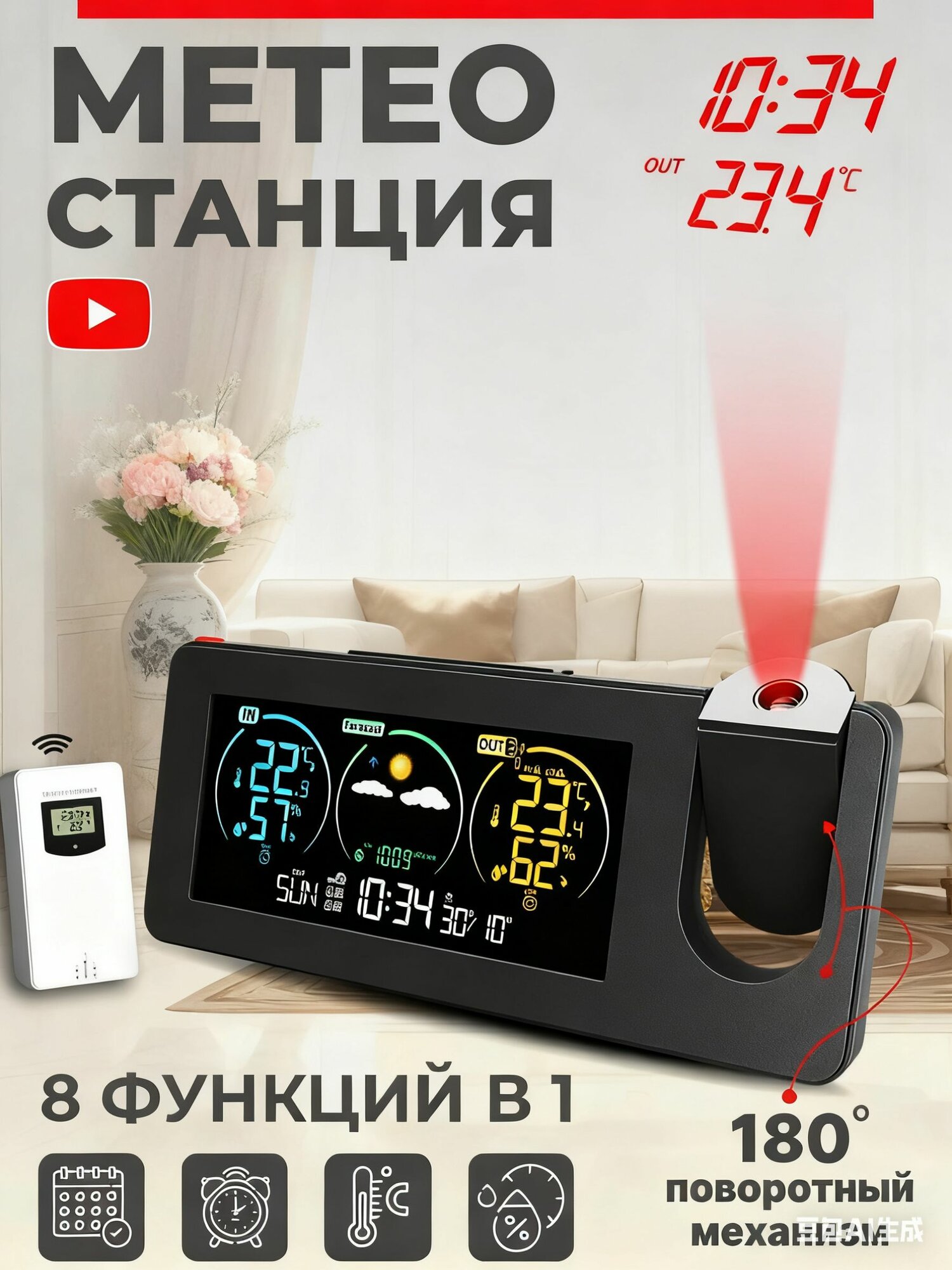 Метеостанция с выносным датчиком беспроводная, погодная станция домашняя, электронный термометр с удобным измерением