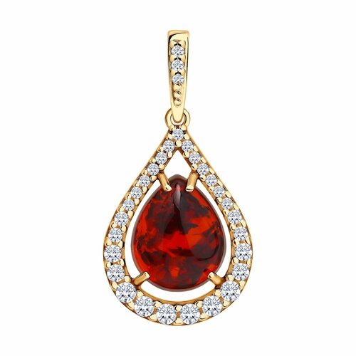 фото Подвеска diamant online, серебро, 925 проба, родирование, фианит, янтарь, размер 2.5 см., коричневый