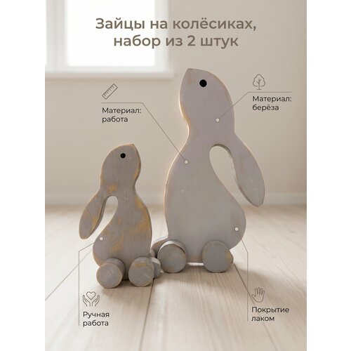 фото Статуэтка зайцы на колесиках серые, набор из 2 штук, ручная работа синий квадрат