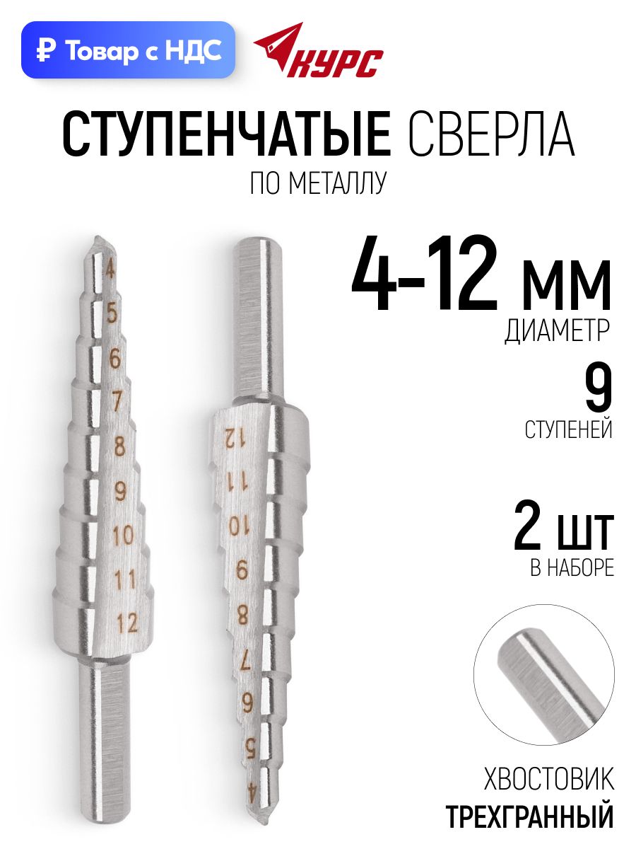 Сверла ступенчатые HSS по металлу 9 ступеней 4-12 мм набор 2 шт