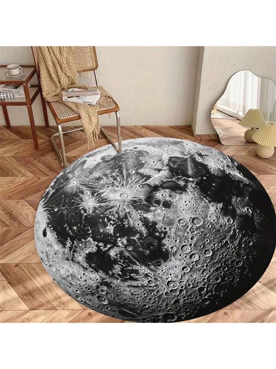 Круглый ковер 120x120 см с 3D-эффектом поверхности луны, черно-серый