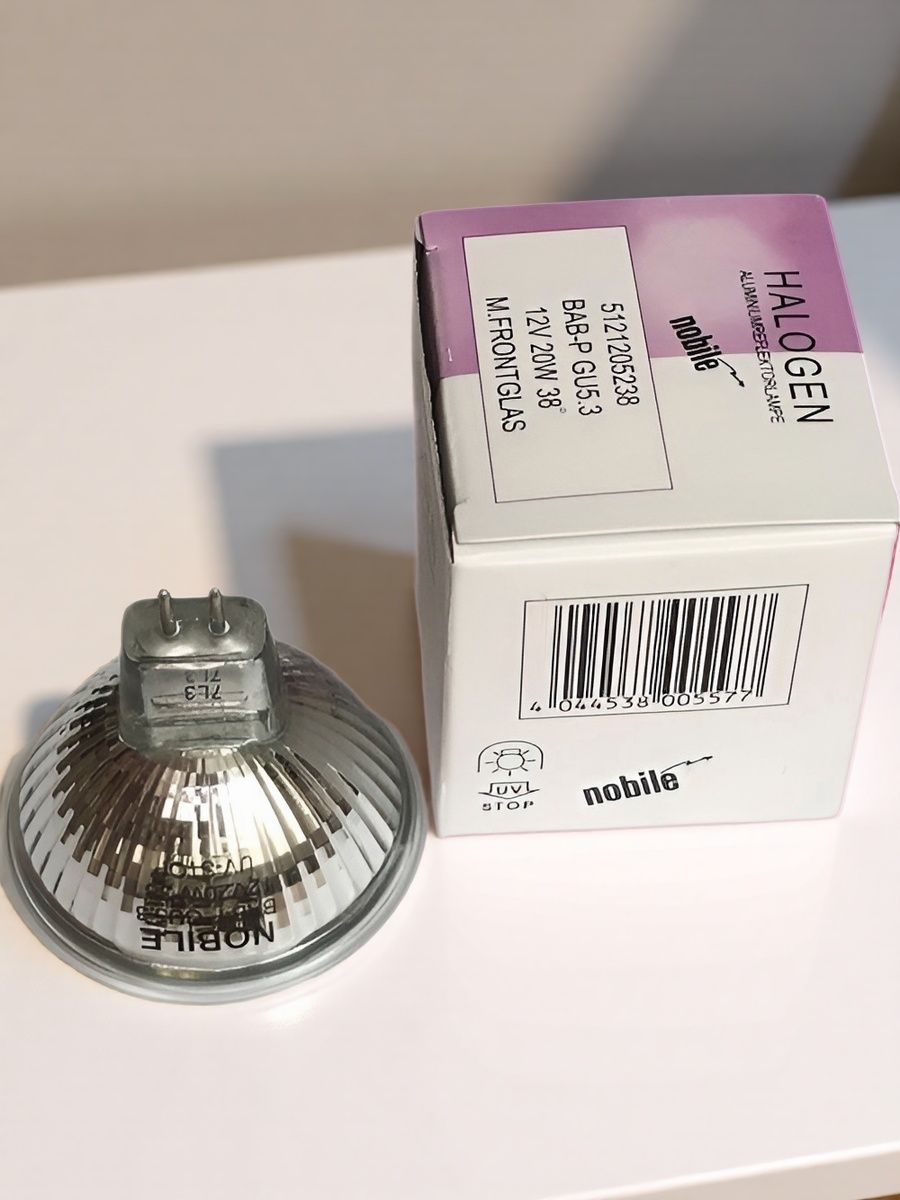 Лампа галогенная 20W, 12V, 38гр, Gu5,3, BAB-P MR16 Alu, Nobile (Германия),1 штука