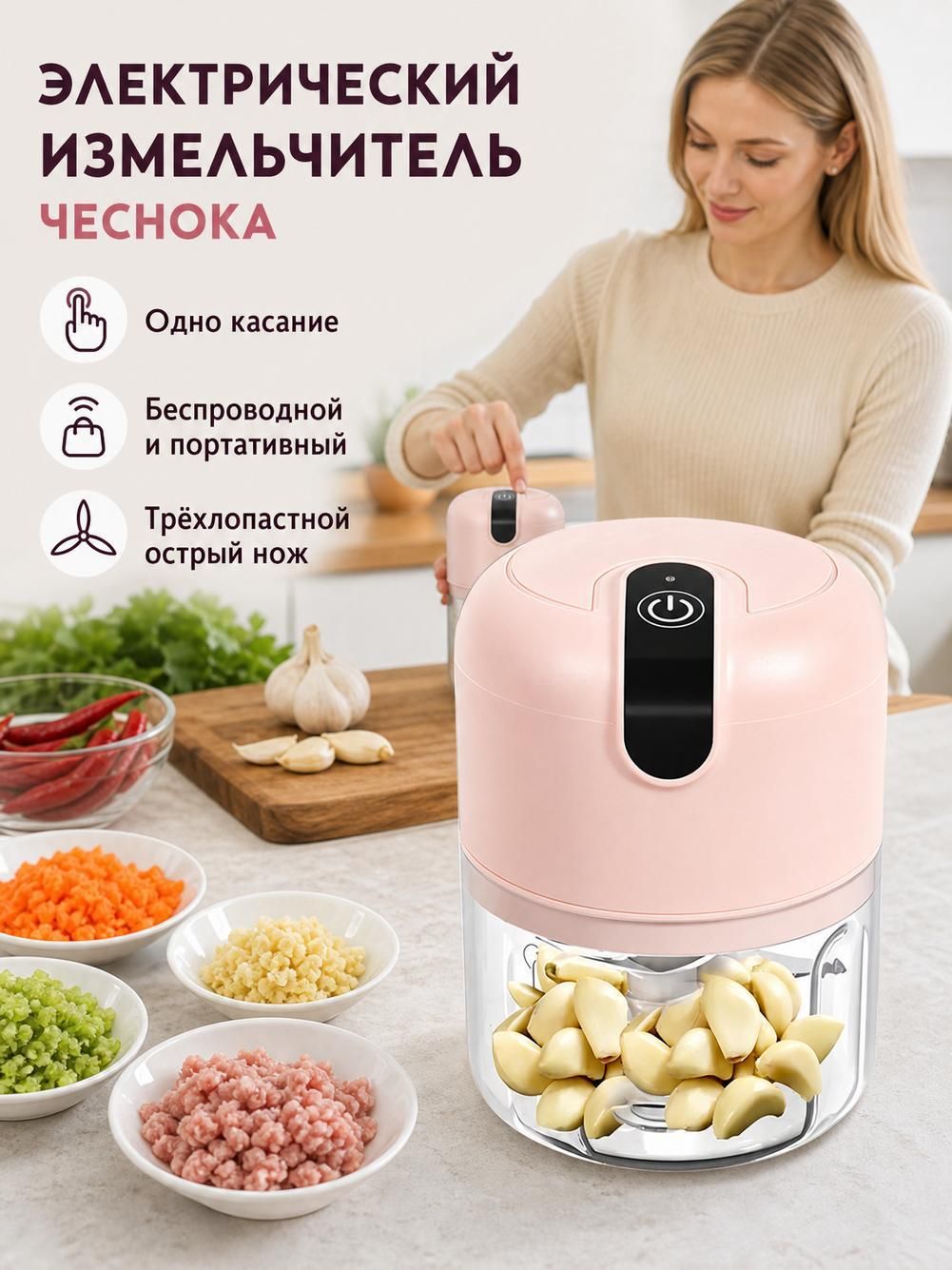Измельчитель мини, белый, беспроводной, для чеснока
