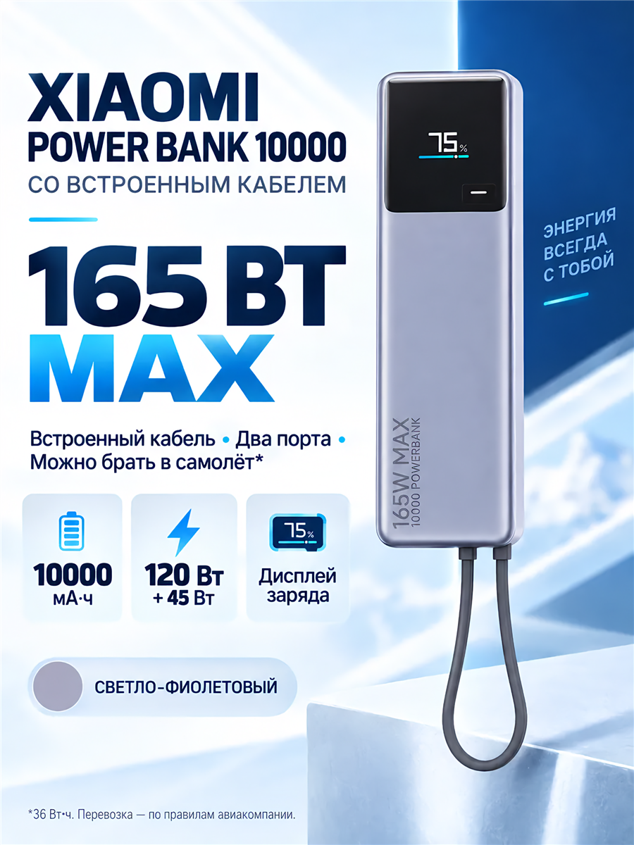 Xiaomi Power Bank 10000 мАч 165 Вт с встроенным кабелем Type-C, цифровой LED-дисплей, на шнурке