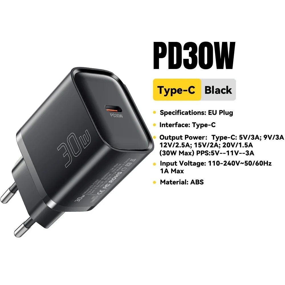 Быстрое Зарядное Устройство Essager Mini 30W Type C PD QC3.0 Для iPhone 16 Черный, 30W Black EU Plug