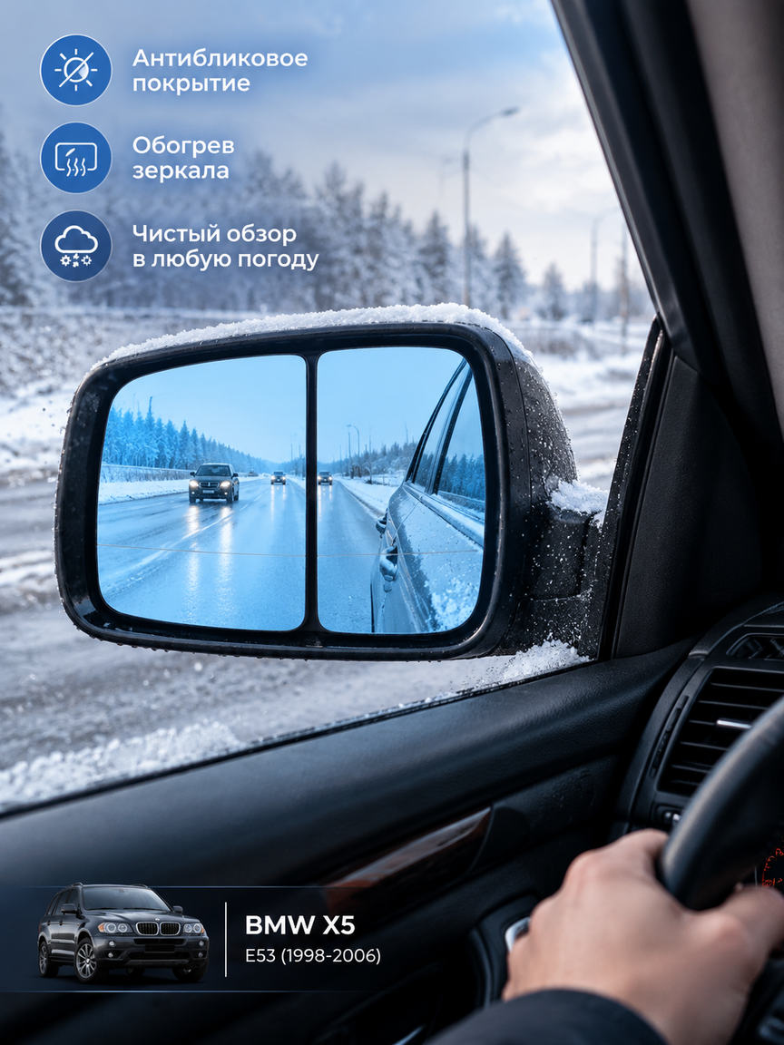 Зеркальные элементы с подогревом и антибликовым покрытием для BMW X5 E53, левая и правая дверь.
