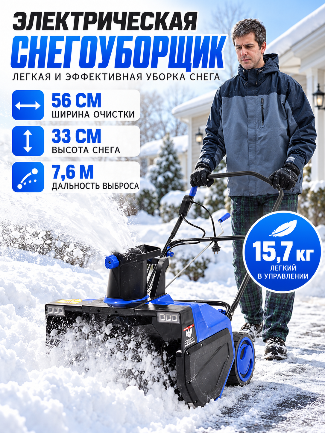 Снегоуборщик электрический 3500W, колесный, ширина 56см глубина 33см, выброс 7.6м, фары led, для дачи дома и теплиц