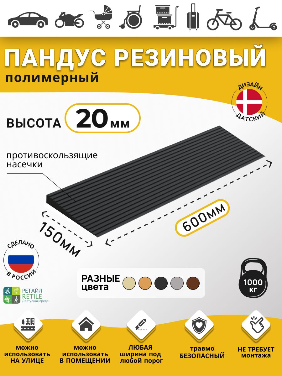 Пандус резиновый рубеж для порогов высотой 2 см (20х600х150 мм), чёрный, для колясок, склада и автомобилей