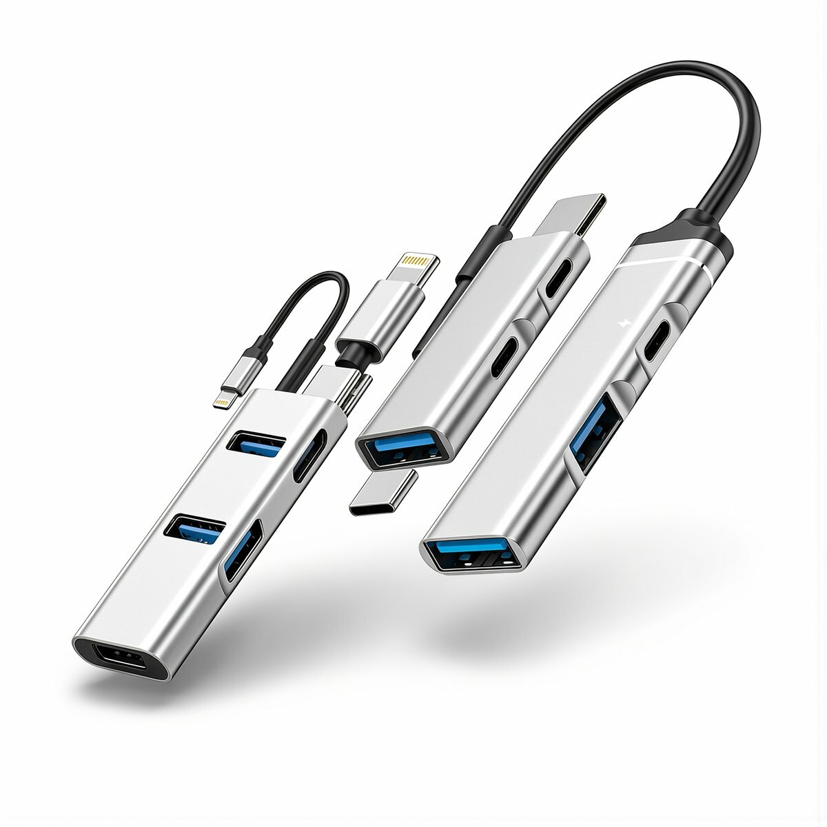 Прочный алюминиевый портативный USB хаб на четыре порта с разъемом Type-C для подключения мыши клавиатуры внешнего накопителя к ноутбуку, Для зарядки смартфонов и планшетов - одиночный порт 3.0, косми