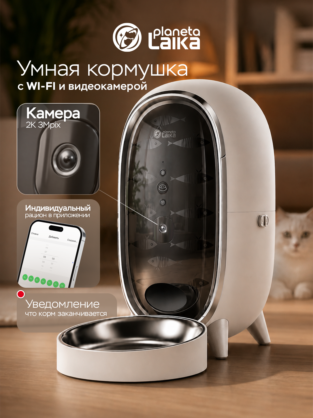 Автоматическая кормушка для кошек и собак Planeta Laika с камерой 2К, Wi-Fi