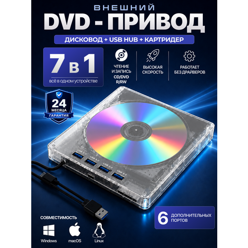 фото Внешний дисковод dvd/cd с usb 3.0 и type-c, прозрачный корпус, с hub и кардридером, для ноутбука и пк