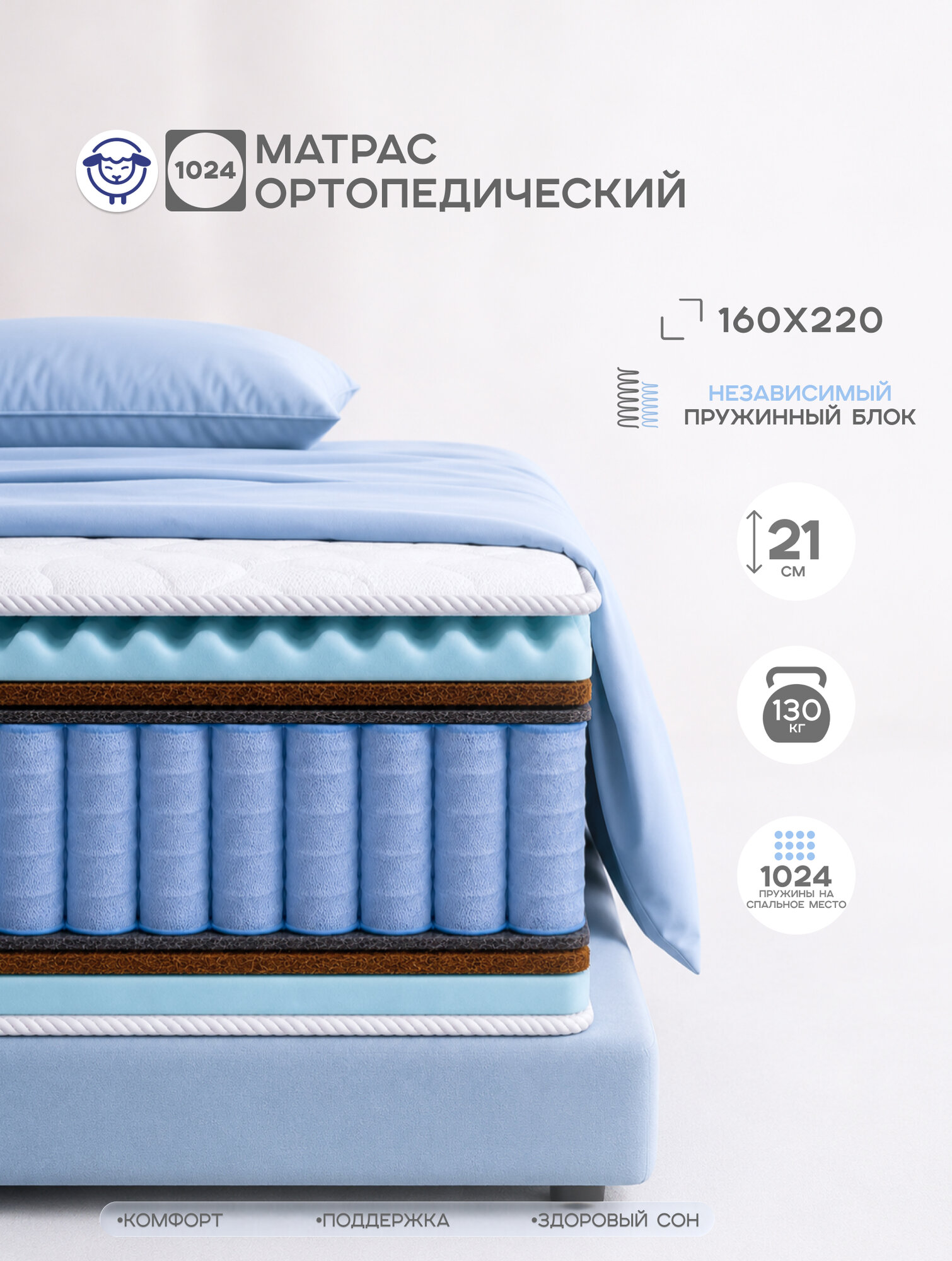 Ортопедический матрас с микромассажным эффектом средней жесткости, 160х220, "Премиум Идеал", Ортис