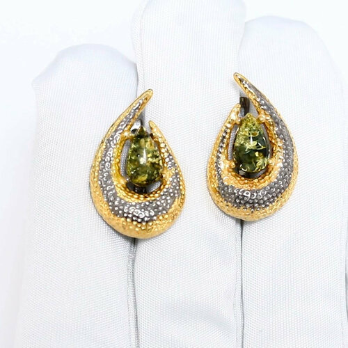 фото Серьги diamant online, серебро, 925 проба, золочение, янтарь, длина 2.4 см, , зеленый