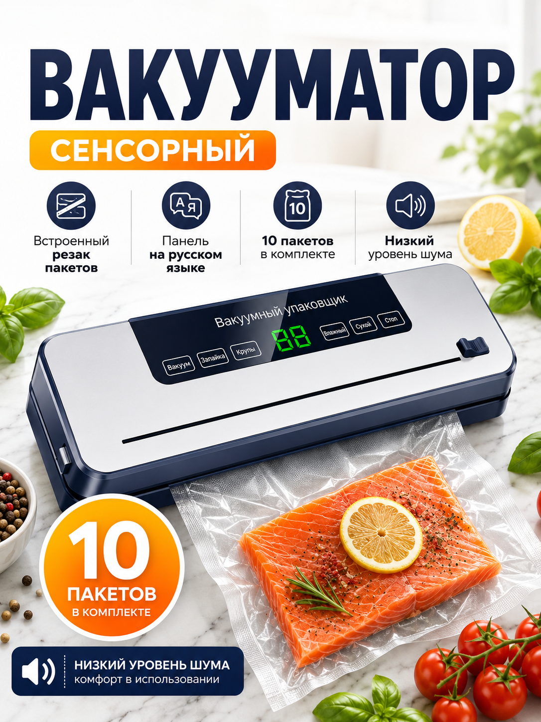 Вакууматор для продуктов, вакууматор сенсорный с резаком и набором пакетов