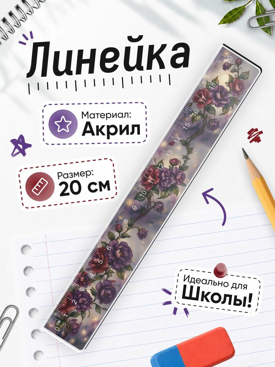 Линейка акриловая, Акварельные пионы Цветы