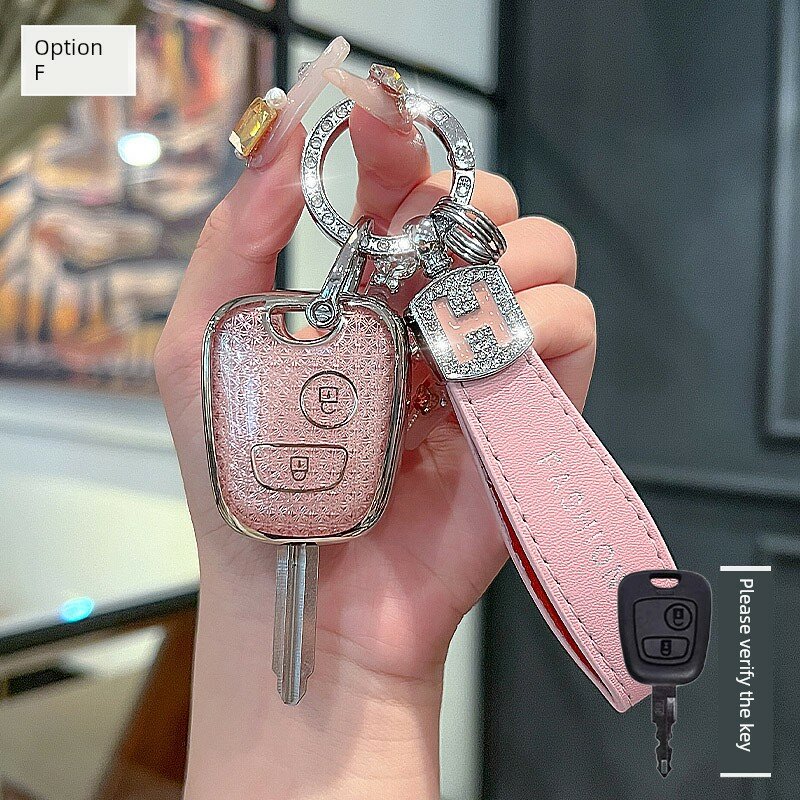 Чехол для ключа Peugeot 207/206/307 для прямых 2-кнопочных ключей, розовый кристалл с H-стайлом алмазной ленты