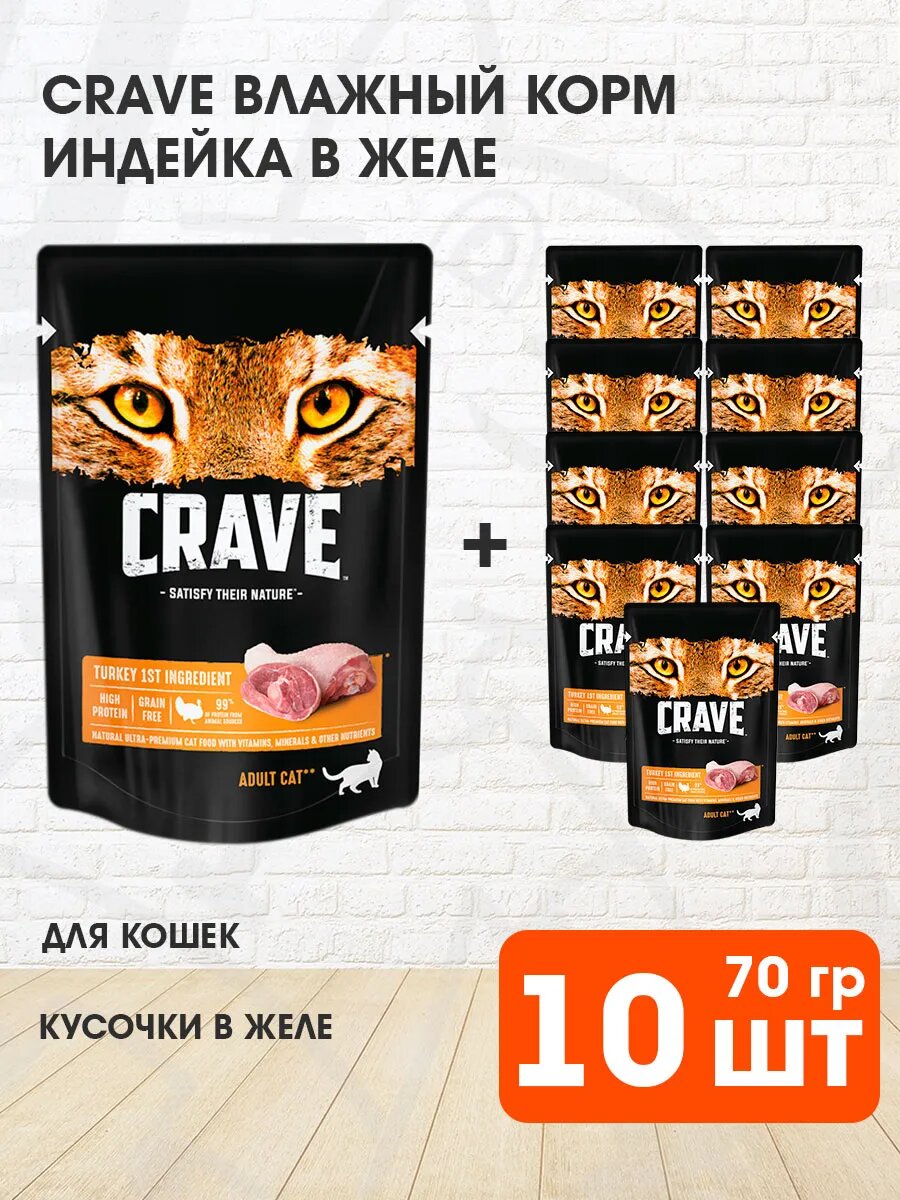 Корм влажный Crave для взрослых кошек, индейка в желе, 70 г 10 шт