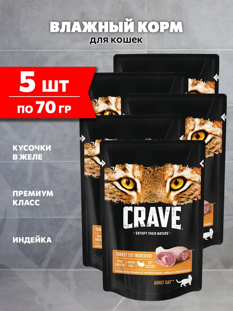 Корм влажный Crave для взрослых кошек, индейка в желе, 70 г 5 шт