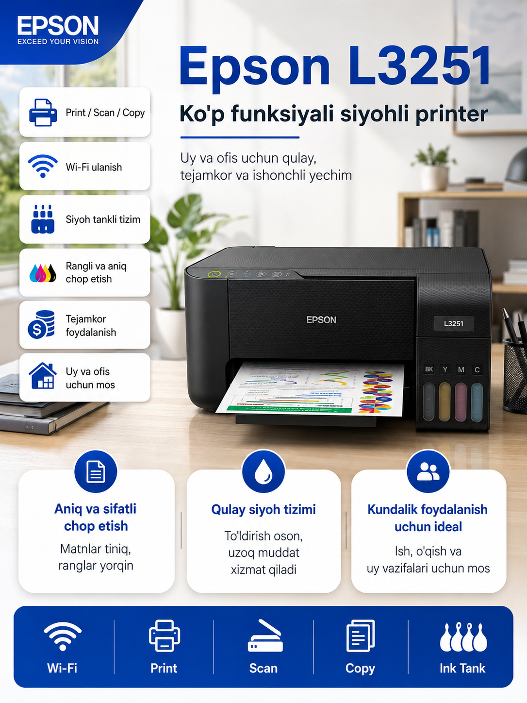 Принтер Epson L3251 A4, струйное МФУ, 33 стр/мин, 5760x1440dpi, 4 краски, USB2.0, WiFi