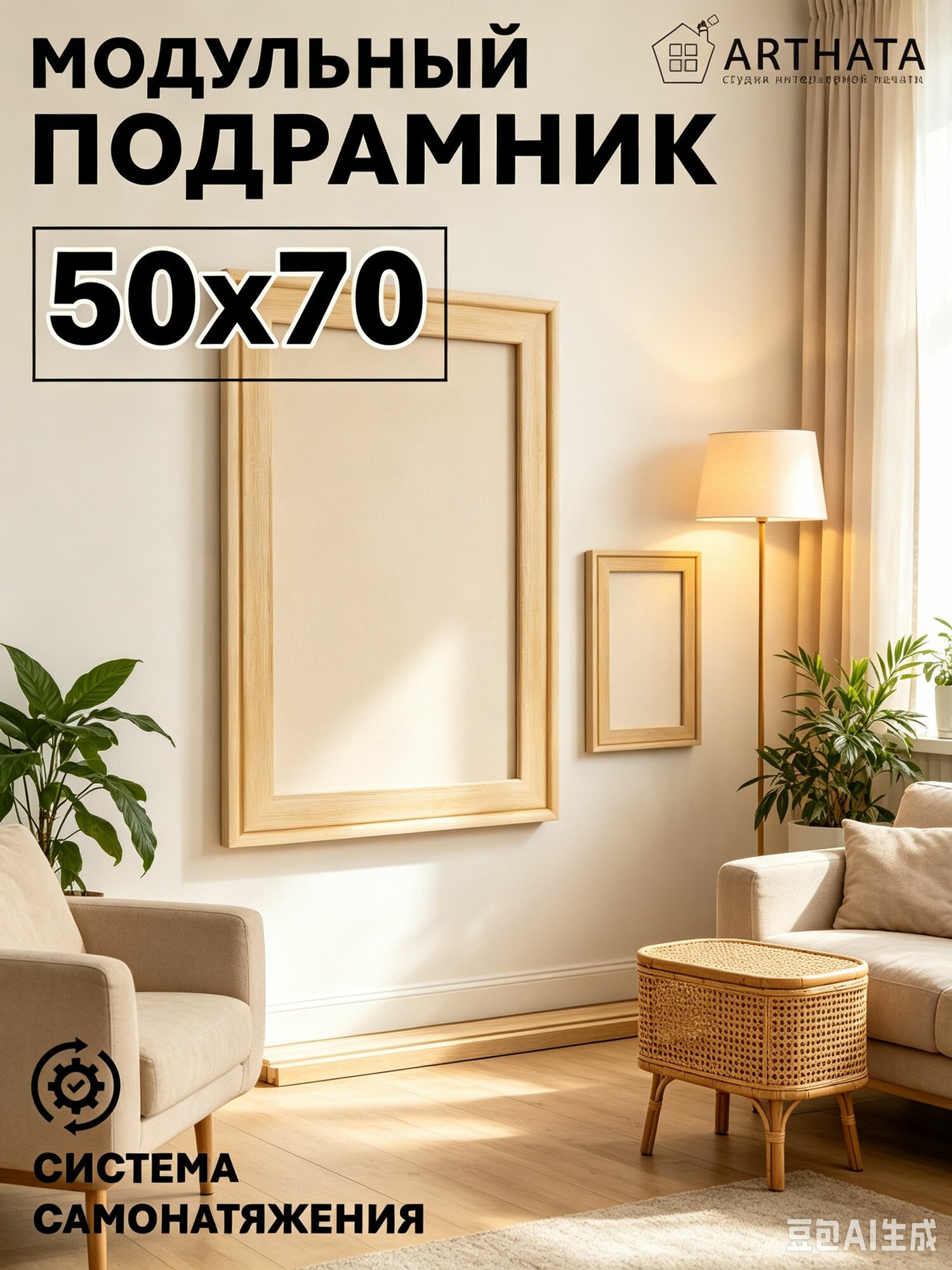 Деревянный подрамник, для картины по номерам и вышивки, размер 50х70 см, сосна, 1 шт, светлокоричневый